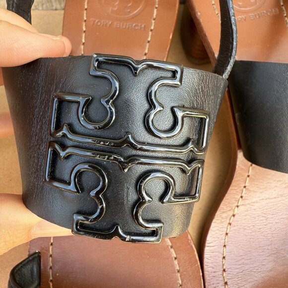 Tory Burch Lowell 2 Block Heel Sandals Shoes Women’s Size 7 Black Logo Leather - Picture 6 of 11